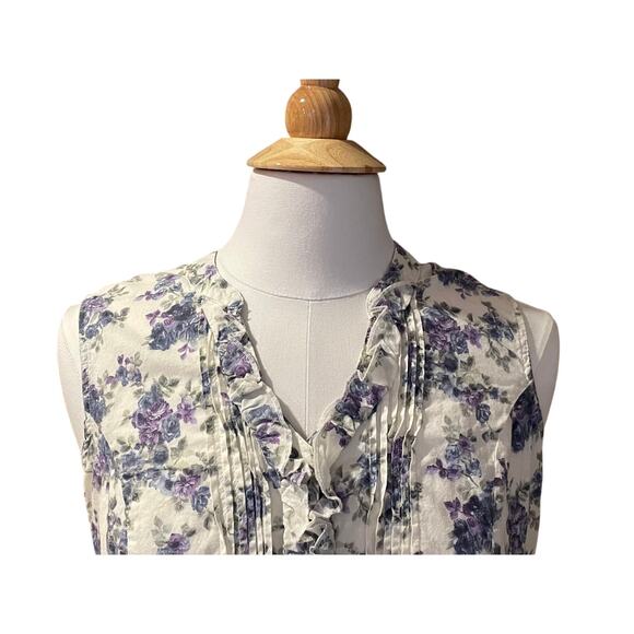 Kim Rogers Cotton Sleeveless Button Down Shirt, Floral, Ruffles, Pleats, M - Picture 2 of 11